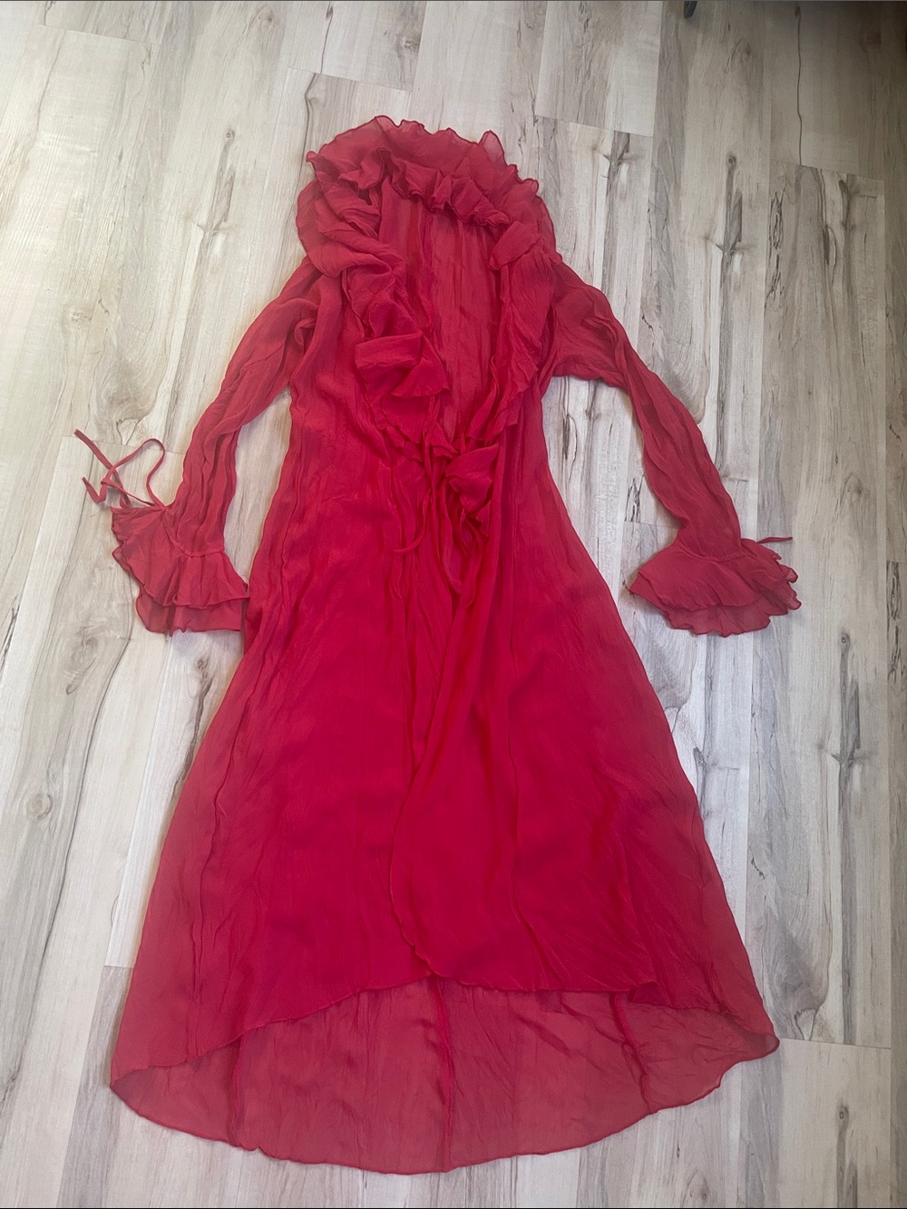 Sheer Red Ruffle-Trim Long Sleeve Dress